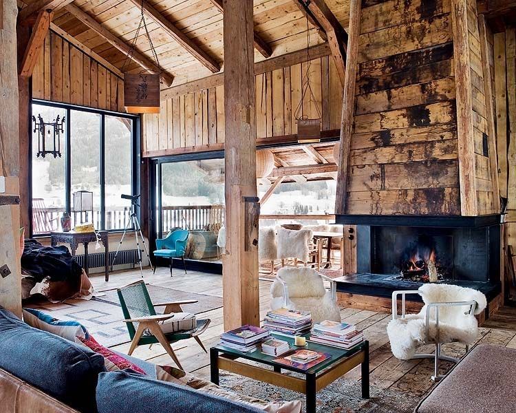 Cozy cabin interior with fireplace